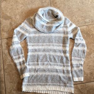 White gray shimmer cowl neck fuzzy sweater